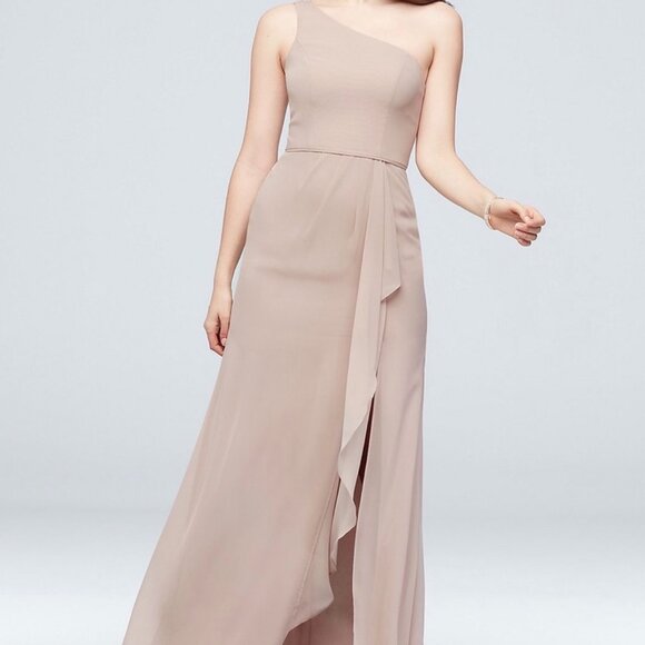 David's Bridal chiffon one-shoulder dress with cascade bridesmaid dress - Picture 1 of 4